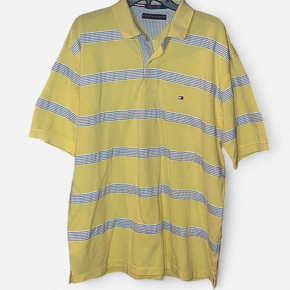 Tommy Hilfiger MENS Yellow White Striped Short Sleeve Polo Shirt – Size XL